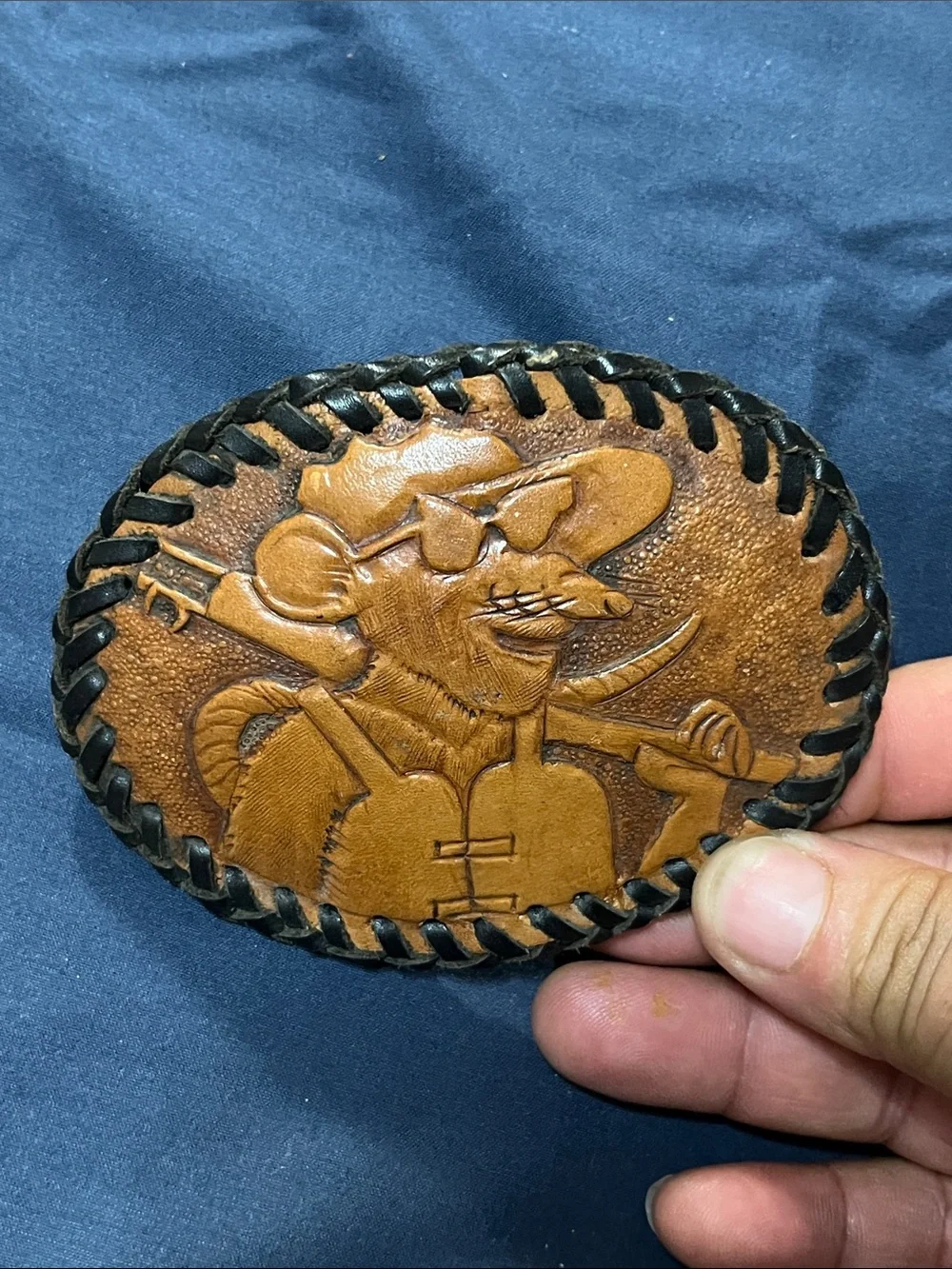 Vintage Two-Tone Brown Leather Western Belt Buckle with Black Braid